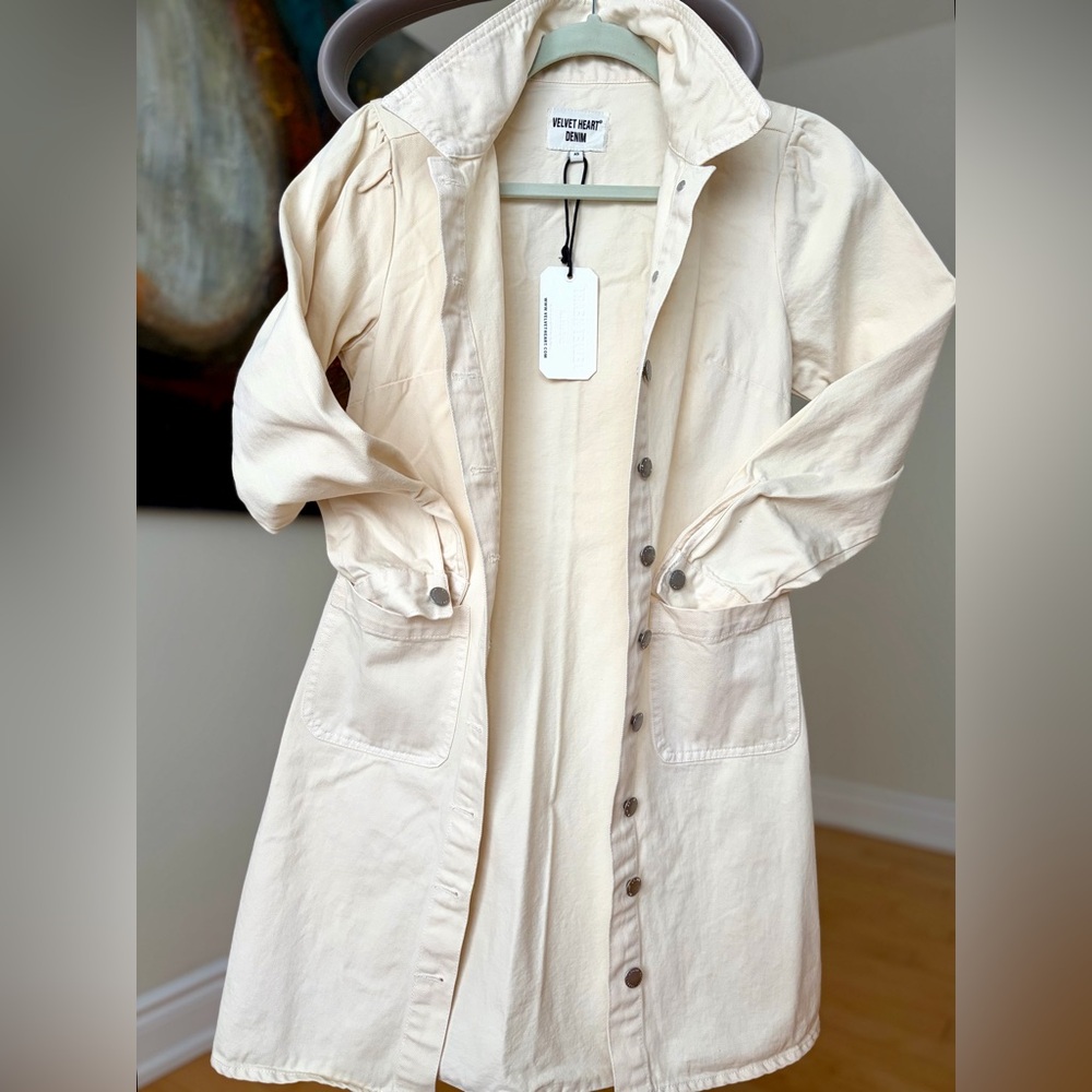 XS VELVET HEART DENIM Cardigan /Dress/Lightweight Coat Cream Shirt Dress